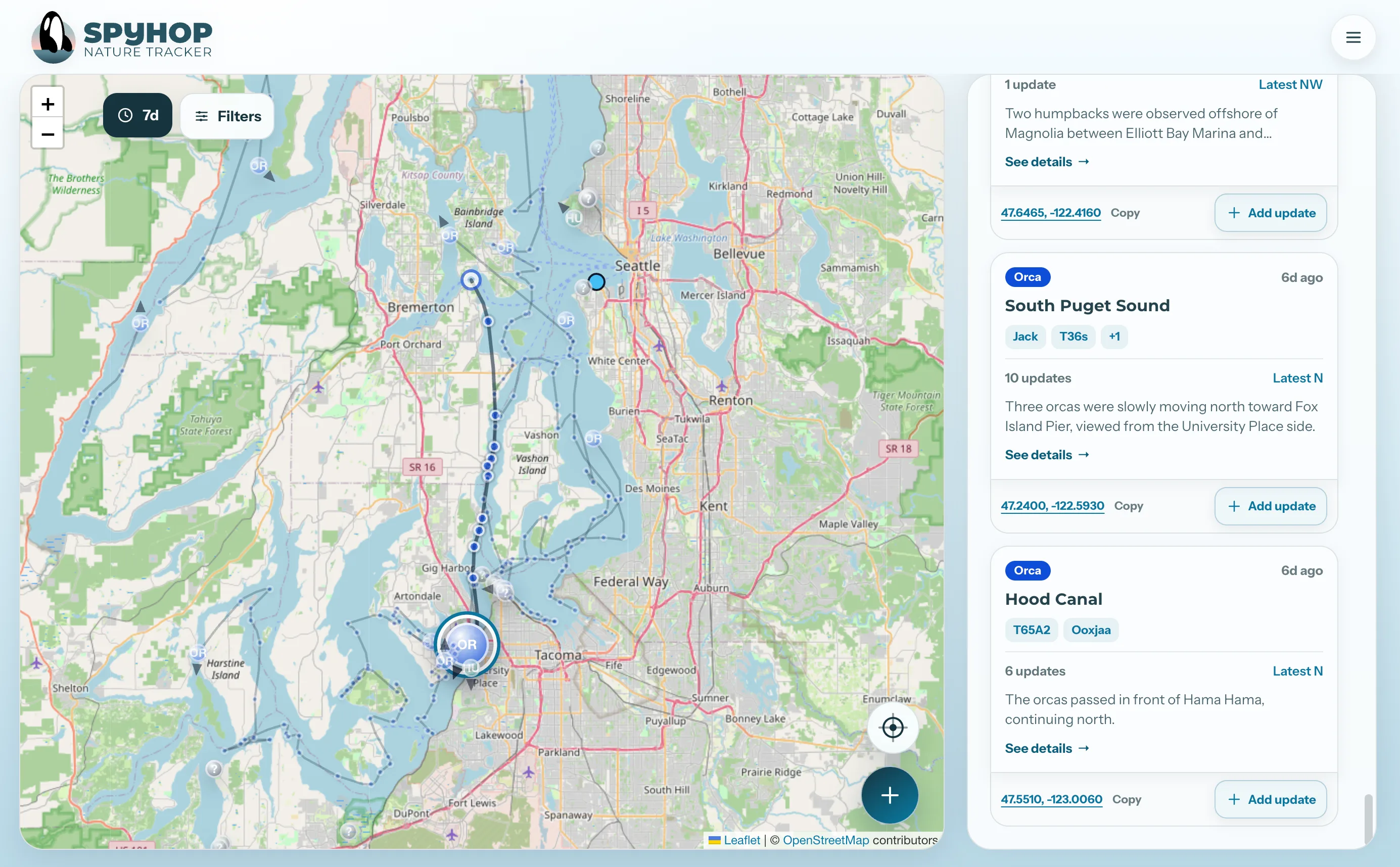 Spyhop map of Puget Sound showing whale sighting pins, movement tracks, filters, and active sighting cards