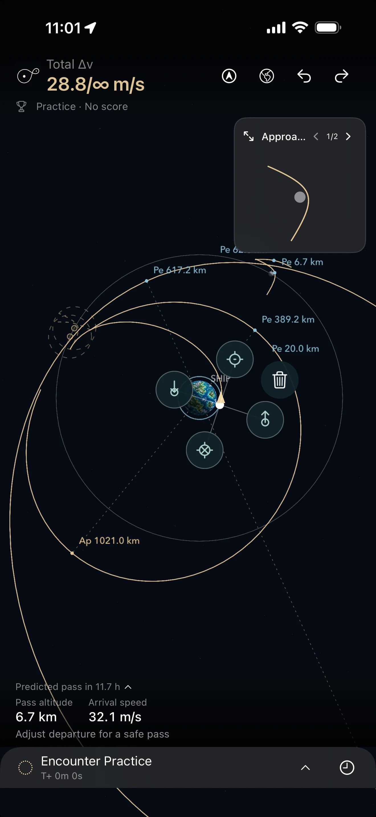 Kepler’s encounter practice flight with a selected maneuver, predicted orbital paths, and moon pass altitude and arrival speed