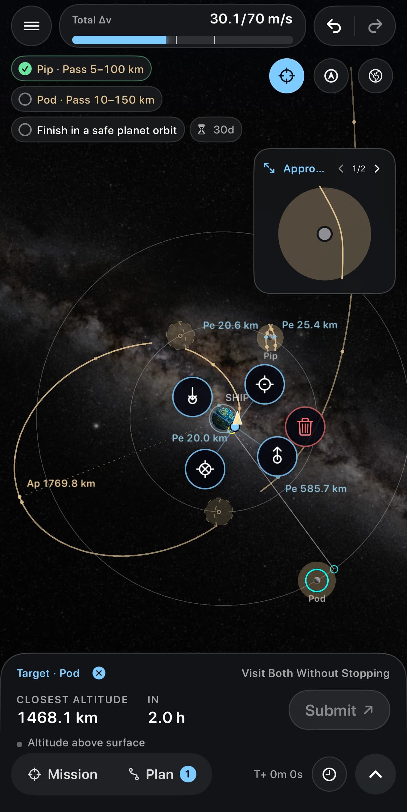 Kepler’s Visit Both Without Stopping mission, showing a planned route past Pip and Pod, maneuver controls, and a close-up of the moon approach
